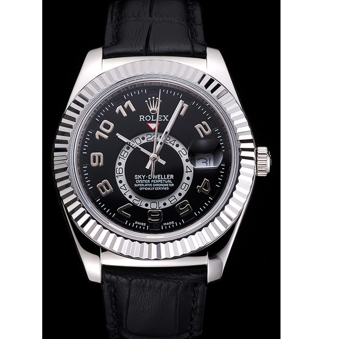 Aaa replica watch Dial Dweller Steel Black Leather Black Rolex Strap Stainless Sky Case 0729